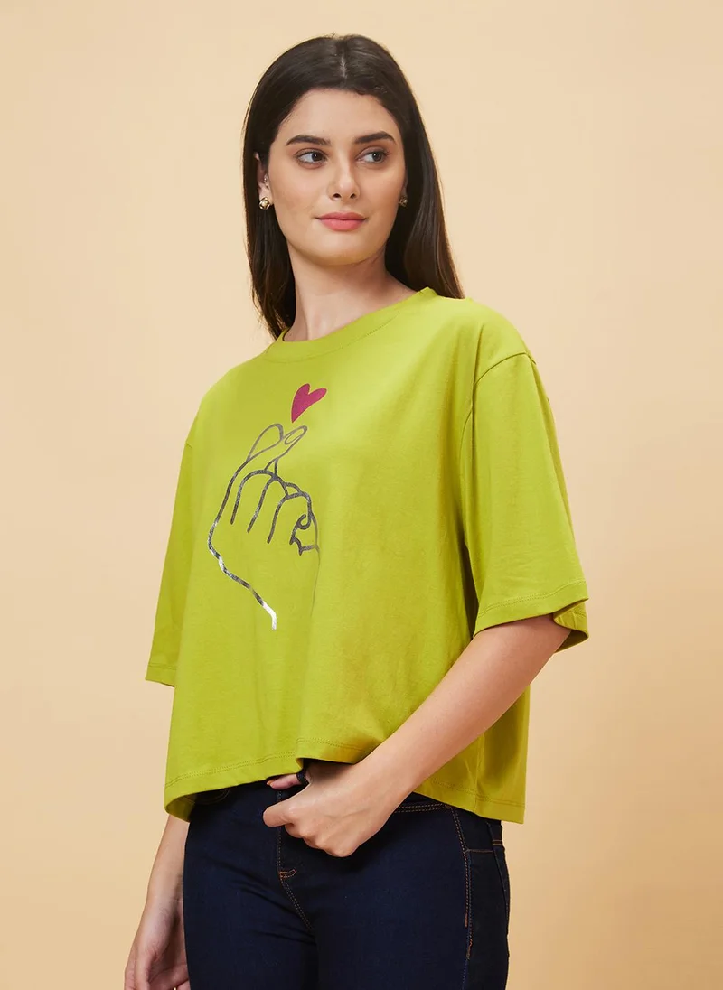 globus Globus Women Drop Shoulder Korean Graphic Printed Oversized Crop T-Shirt